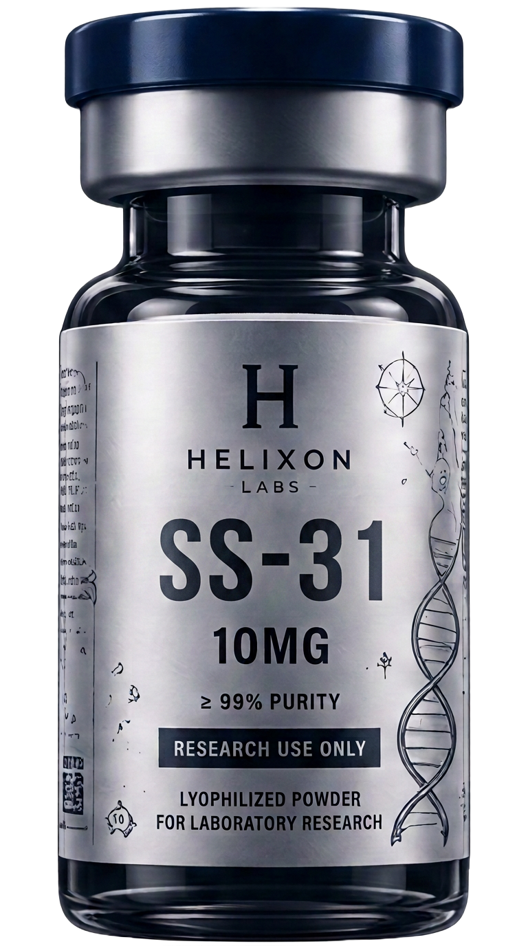 SS-31 research peptide vial with holographic Helixon Labs label
