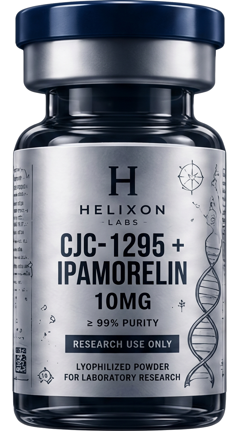 CJC-1295 (No DAC) + Ipamorelin research peptide vial with holographic Helixon Labs label