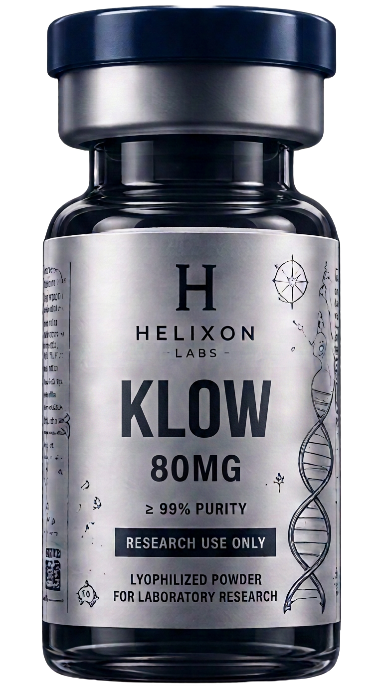 KLOW research peptide vial with holographic Helixon Labs label