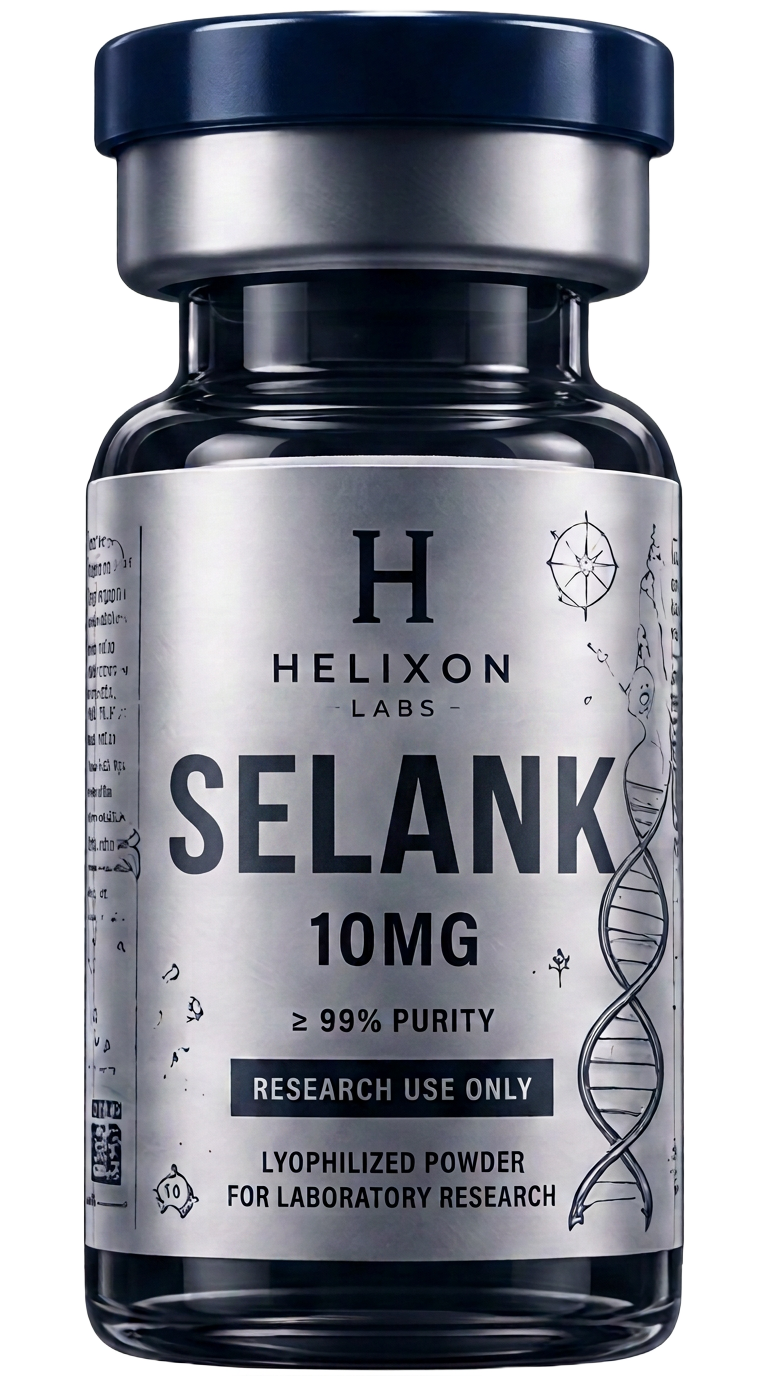 Selank research peptide vial with holographic Helixon Labs label