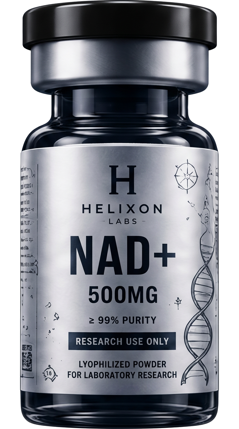 NAD+ research peptide vial with holographic Helixon Labs label
