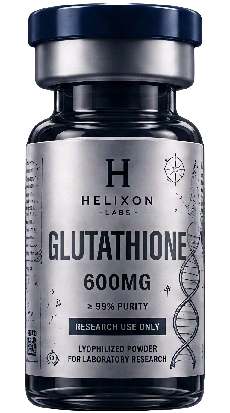 Glutathione research peptide vial with holographic Helixon Labs label