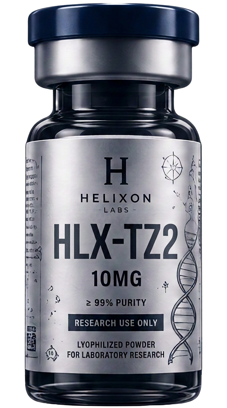 HLX-TZ2 research peptide vial with holographic Helixon Labs label